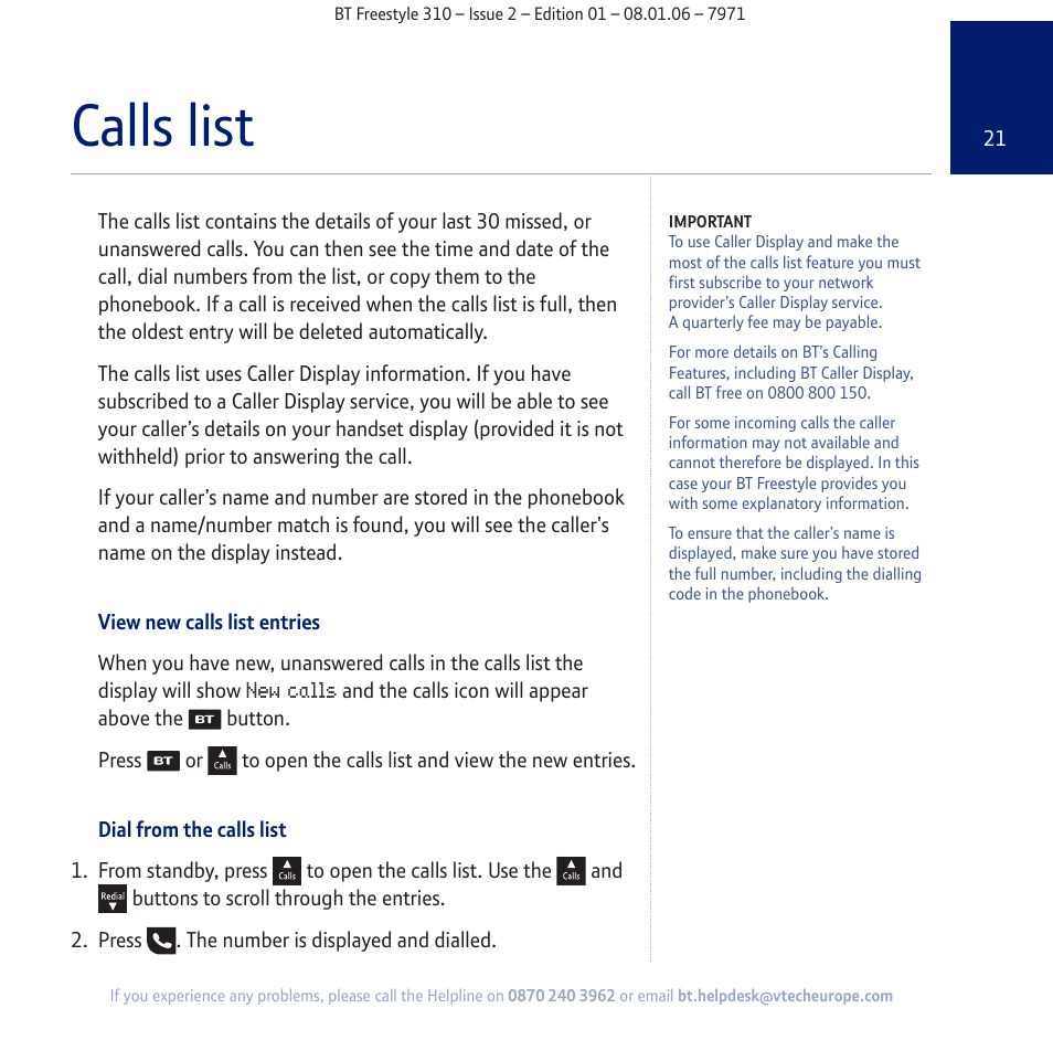 Calls list | BT Freestyle 310 User Manual | Page 21 / 60