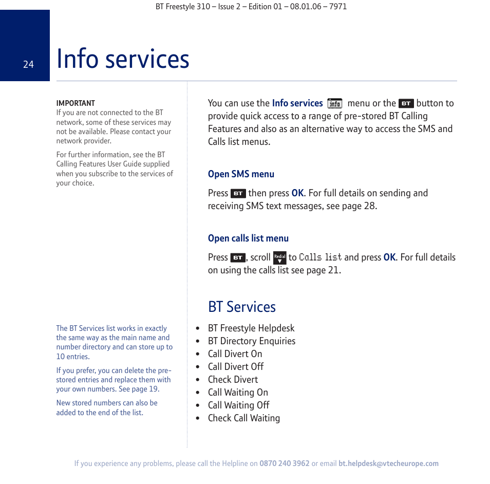 Info services, Bt services | BT Freestyle 310 User Manual | Page 24 / 60