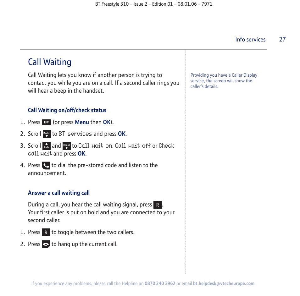 Call waiting | BT Freestyle 310 User Manual | Page 27 / 60