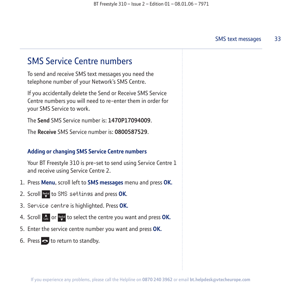 Sms service centre numbers | BT Freestyle 310 User Manual | Page 33 / 60