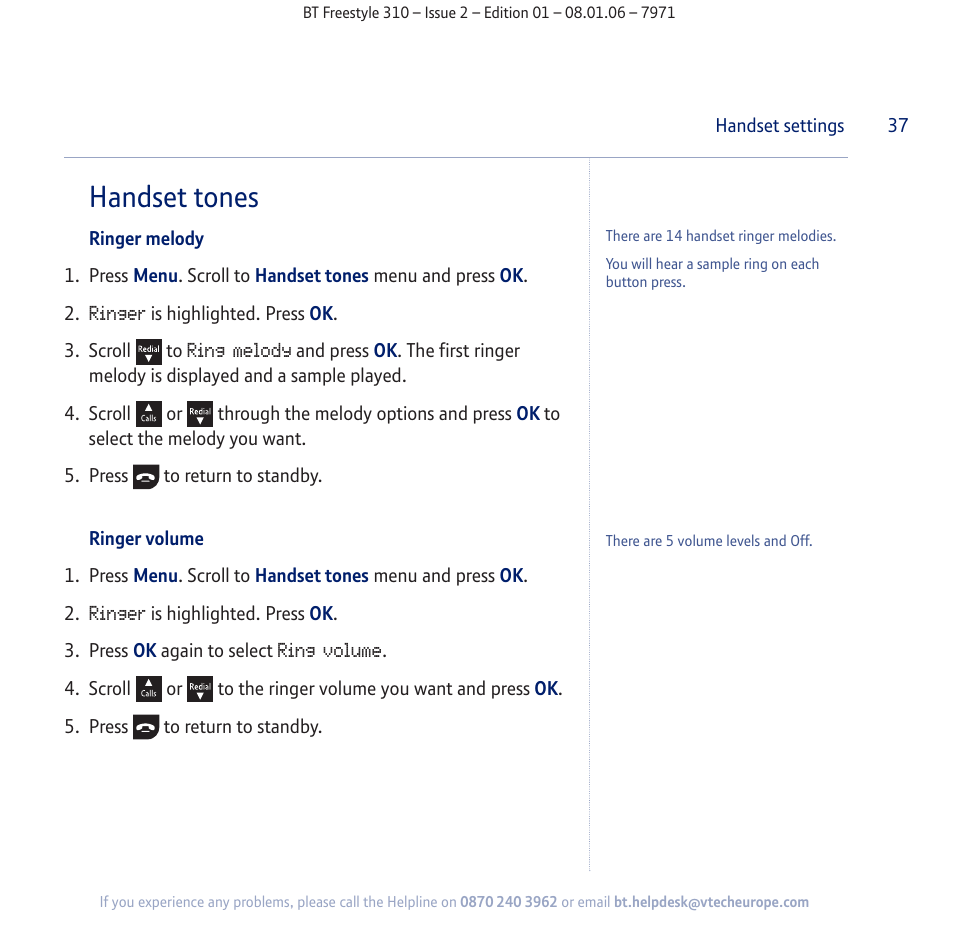 Handset tones | BT Freestyle 310 User Manual | Page 37 / 60