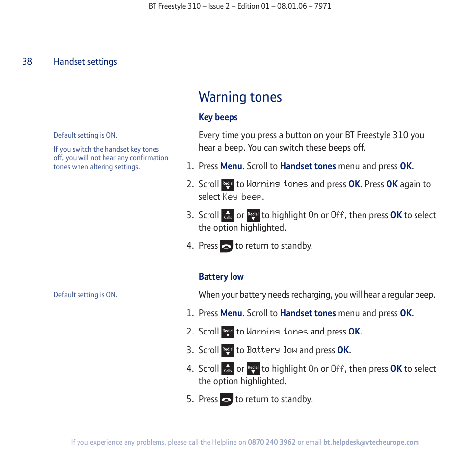 Warning tones | BT Freestyle 310 User Manual | Page 38 / 60