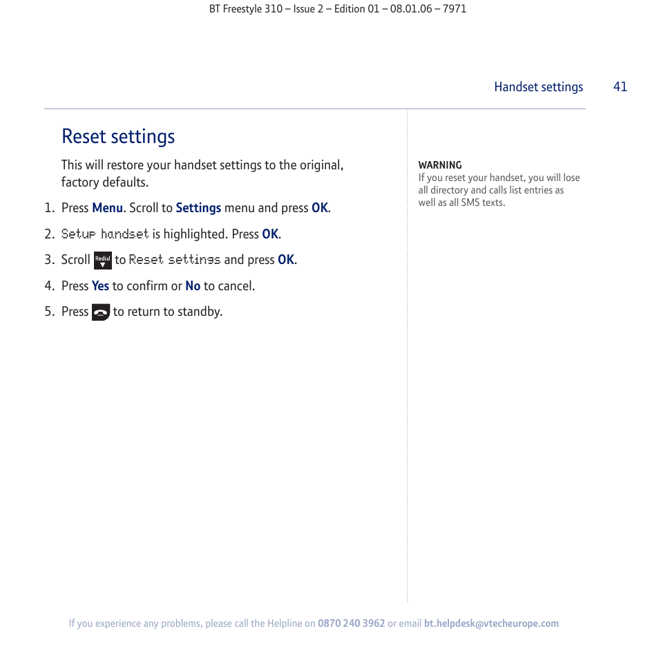 Reset settings | BT Freestyle 310 User Manual | Page 41 / 60