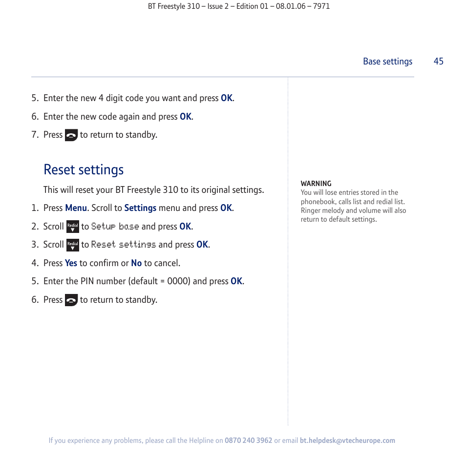 Reset settings | BT Freestyle 310 User Manual | Page 45 / 60