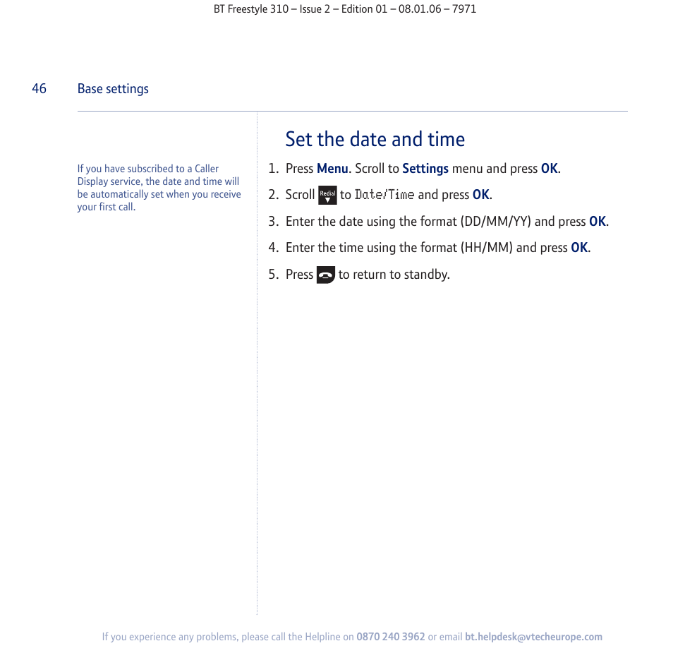 Set the date and time | BT Freestyle 310 User Manual | Page 46 / 60