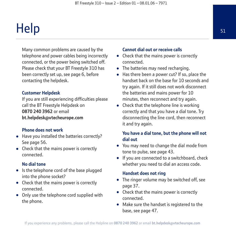 Help | BT Freestyle 310 User Manual | Page 51 / 60