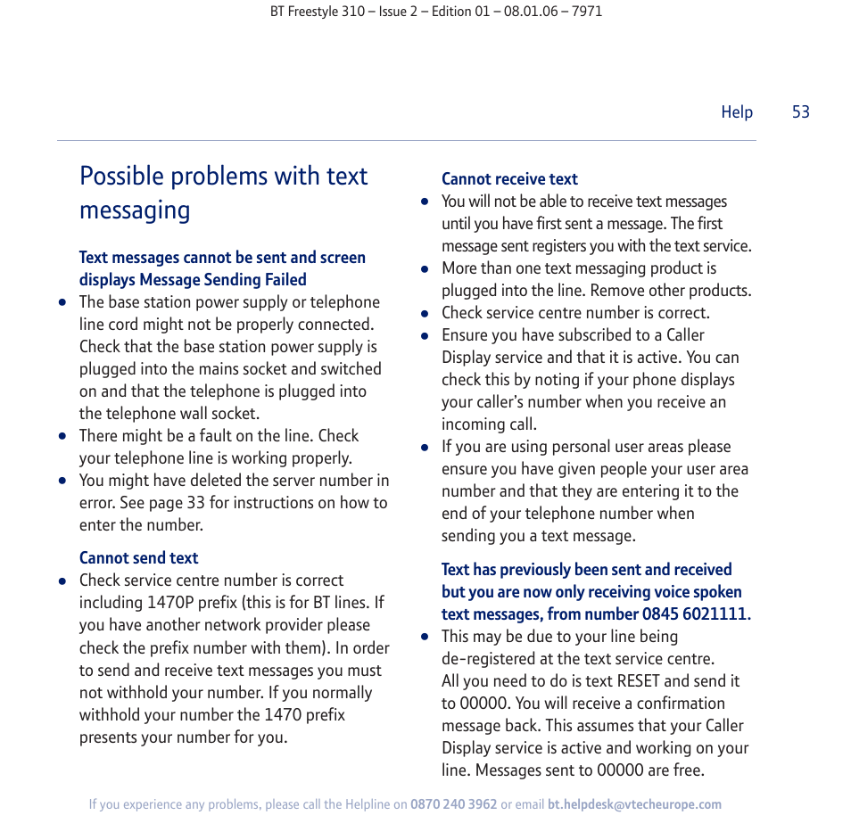 Possible problems with text messaging | BT Freestyle 310 User Manual | Page 53 / 60