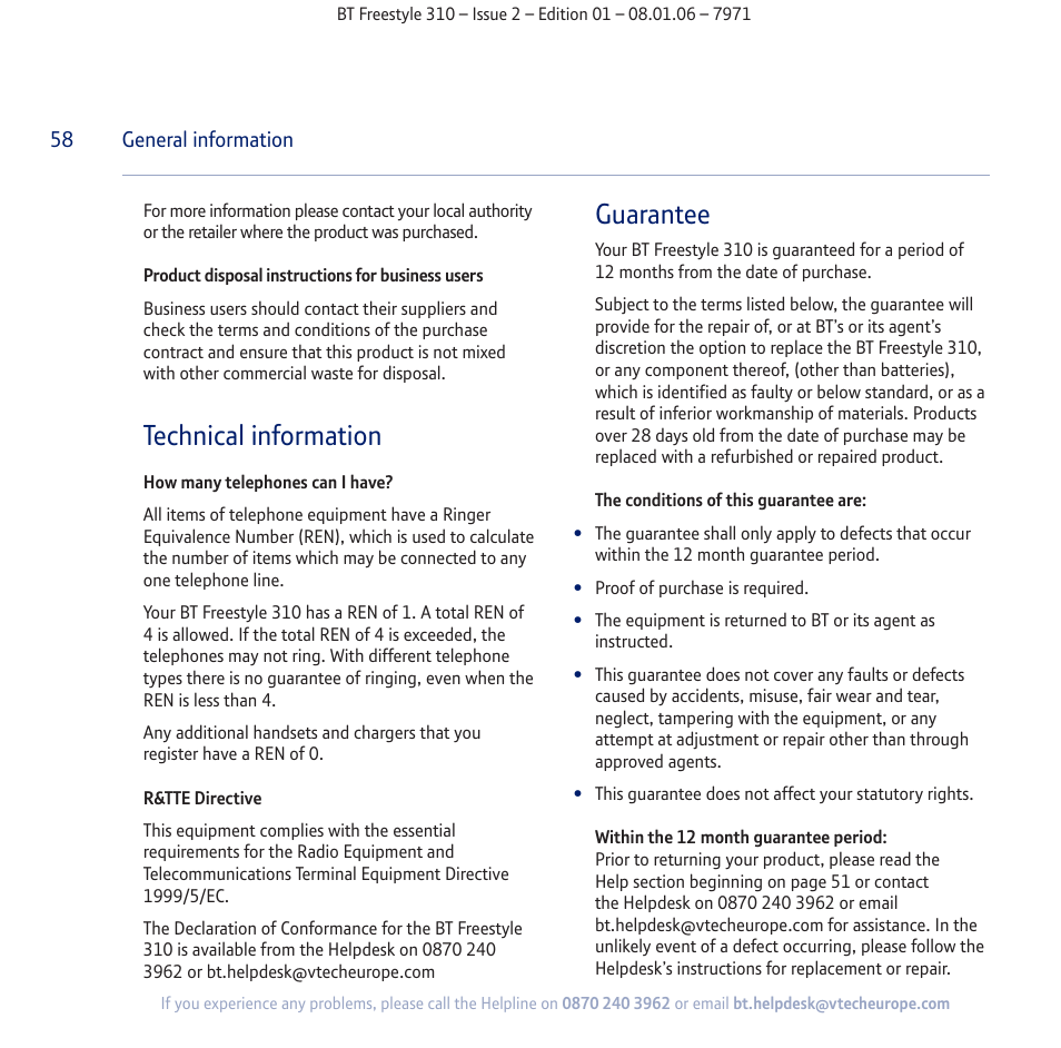 Technical information, Guarantee | BT Freestyle 310 User Manual | Page 58 / 60