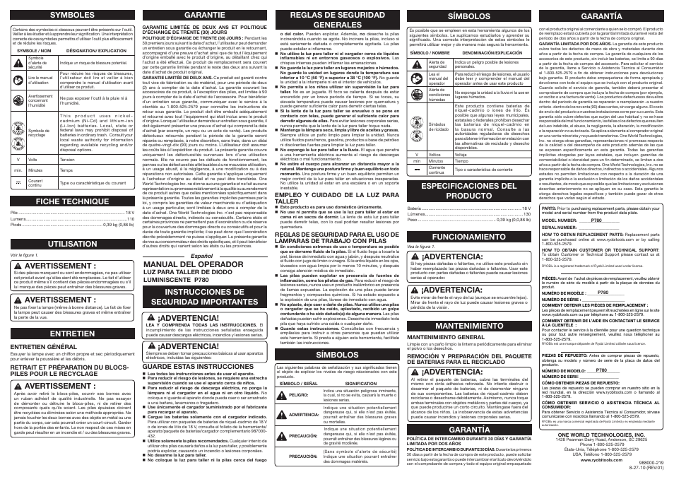 Li - ion, Avertissement, Advertencia | Utilisation, Manual del operador, Mantenimiento, Garantía, Garantie, Fiche technique, Especificaciones del producto | Ryobi P780 User Manual | Page 2 / 2