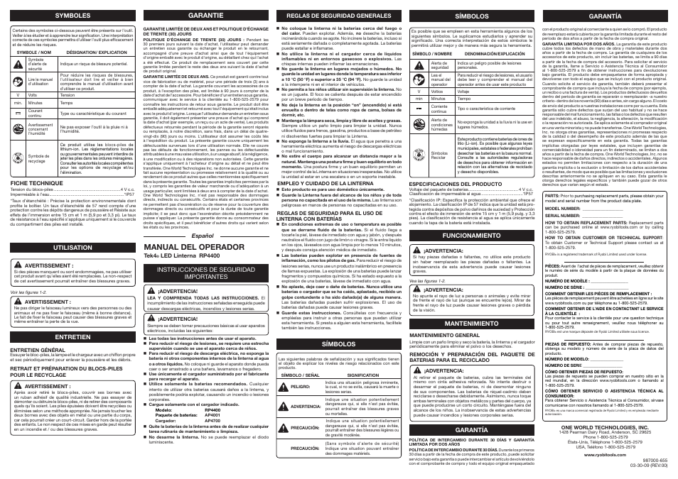 Li - ion, Manual del operador | Ryobi RP440 User Manual | Page 2 / 2