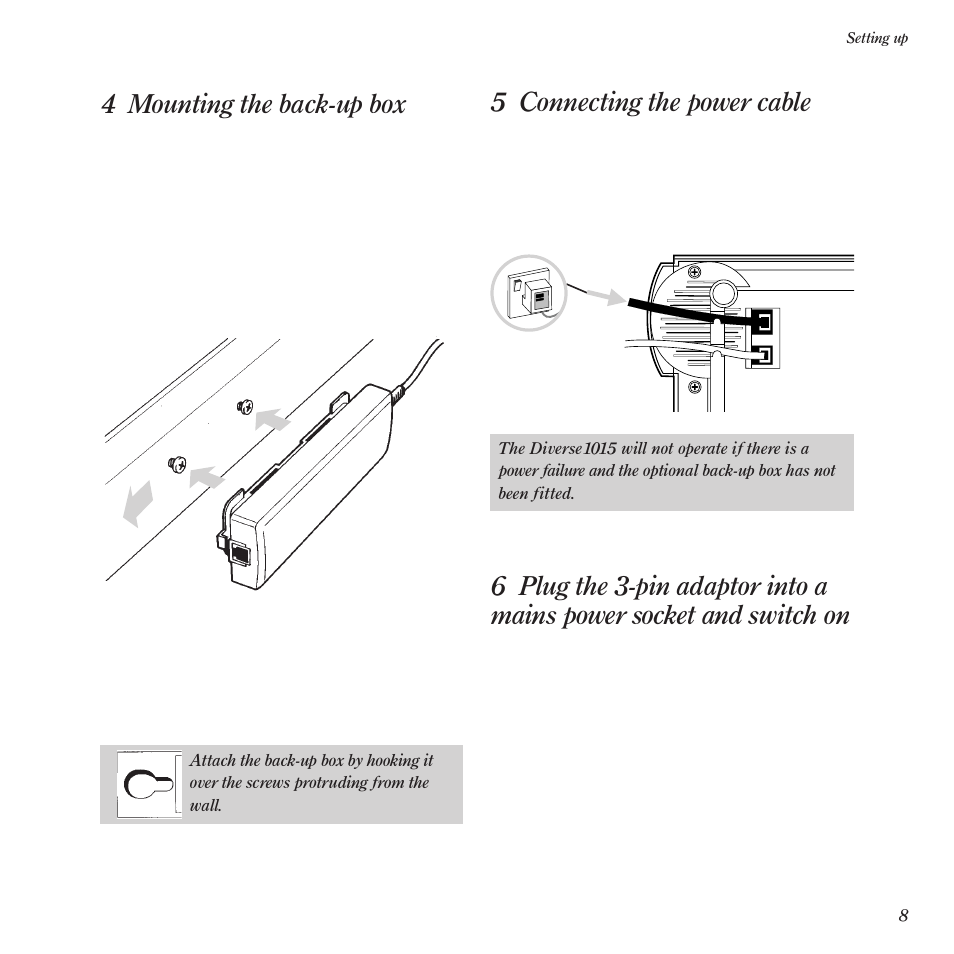 5 connecting the power cable, 4 mounting the back-up box | BT Diverse 1015 User Manual | Page 11 / 64