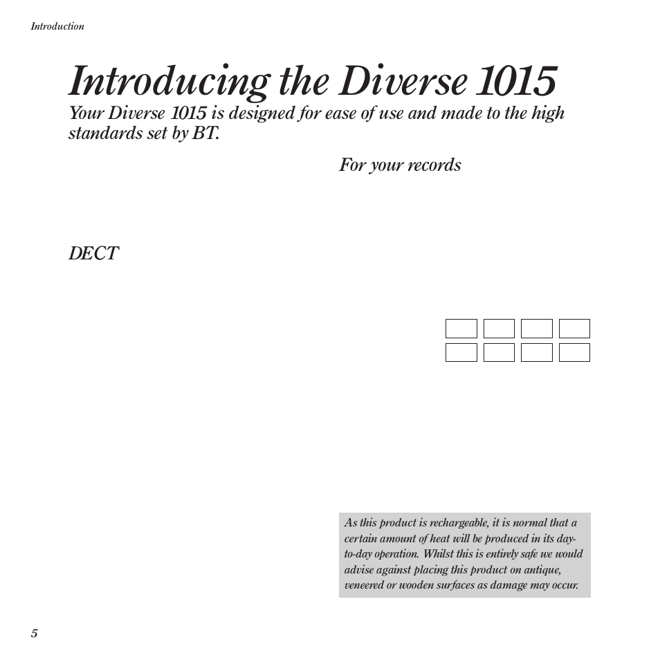Introducing the diverse 1015, Dect, For your records | BT Diverse 1015 User Manual | Page 8 / 64