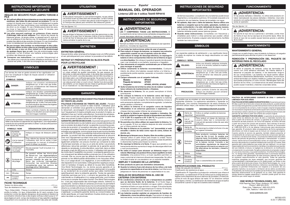 Avertissement, Manual del operador, Advertencia | Ryobi RP4410 User Manual | Page 2 / 2