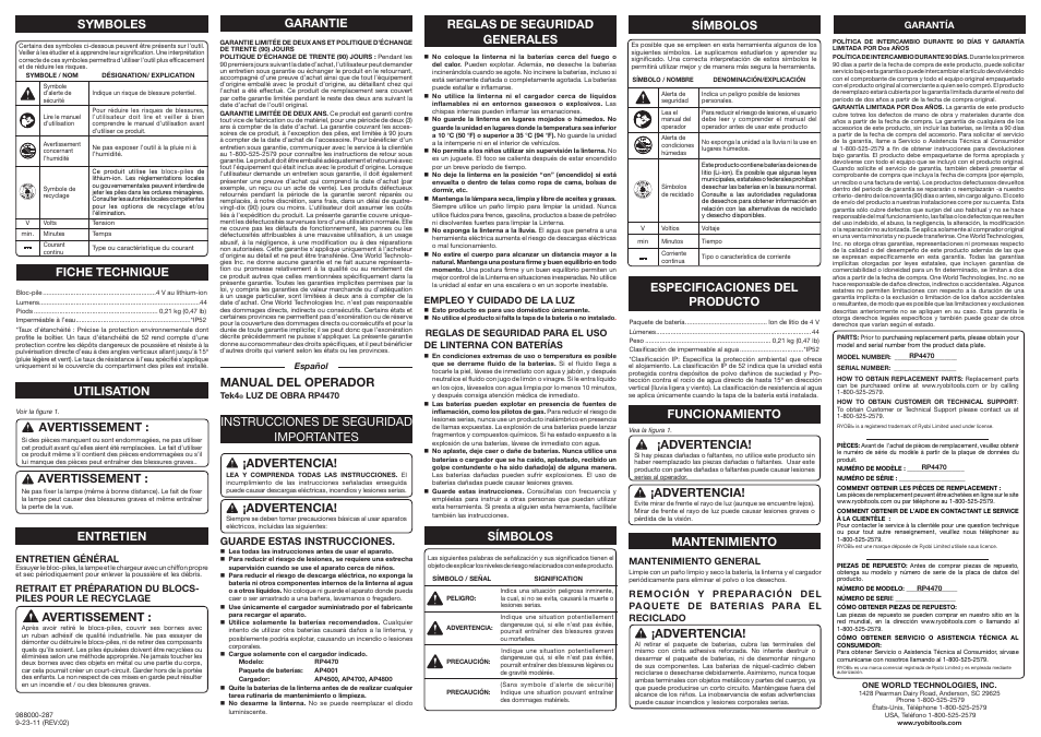 Avertissement, Advertencia, Garantie utilisation | Manual del operador, Mantenimiento, Fiche technique, Especificaciones del producto | Ryobi RP4470 User Manual | Page 2 / 2