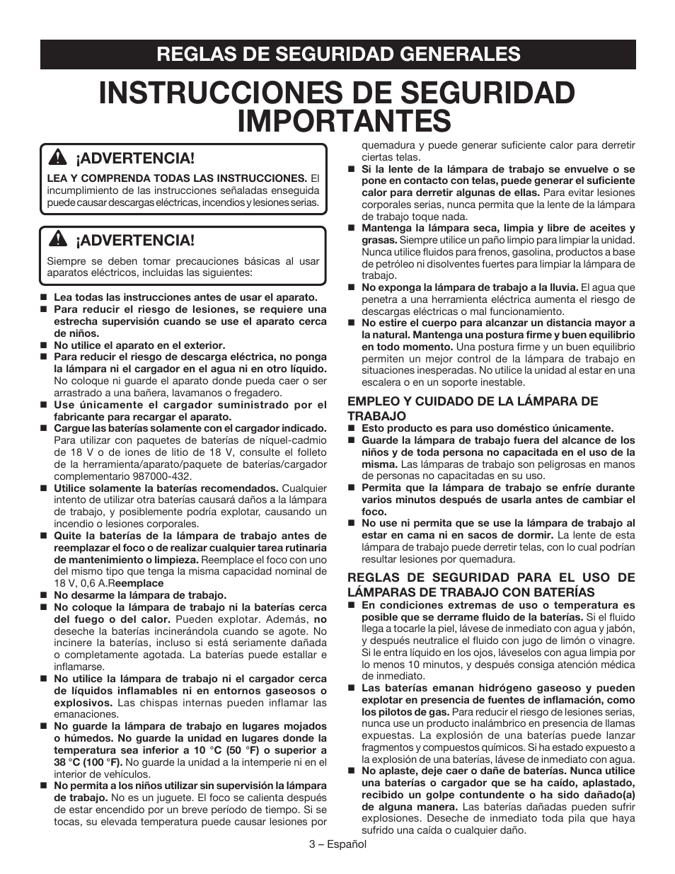 Instrucciones de seguridad importantes, Reglas de seguridad generales, Advertencia | Ryobi P701 User Manual | Page 11 / 16