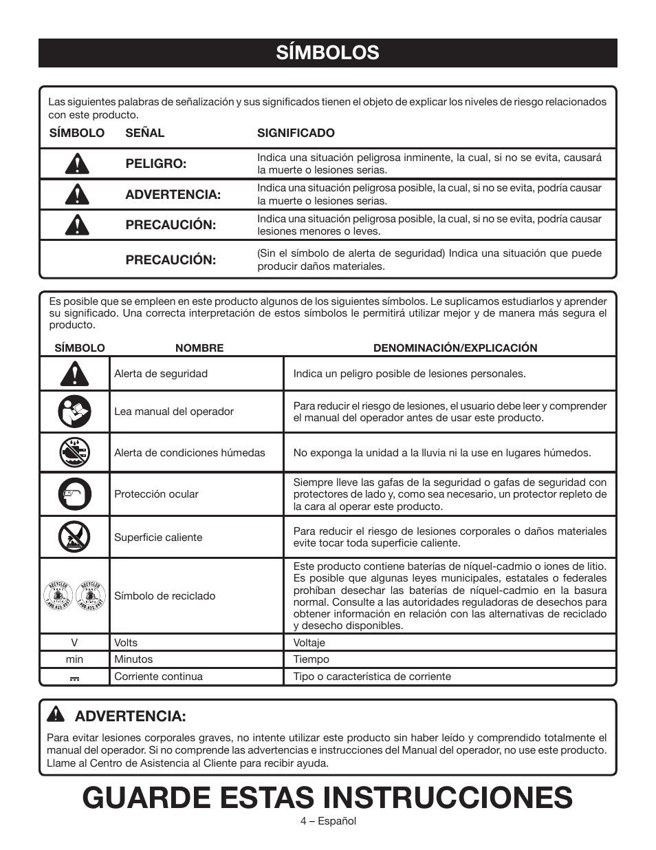 Guarde estas instrucciones, Símbolos, Advertencia | Ryobi P701 User Manual | Page 12 / 16