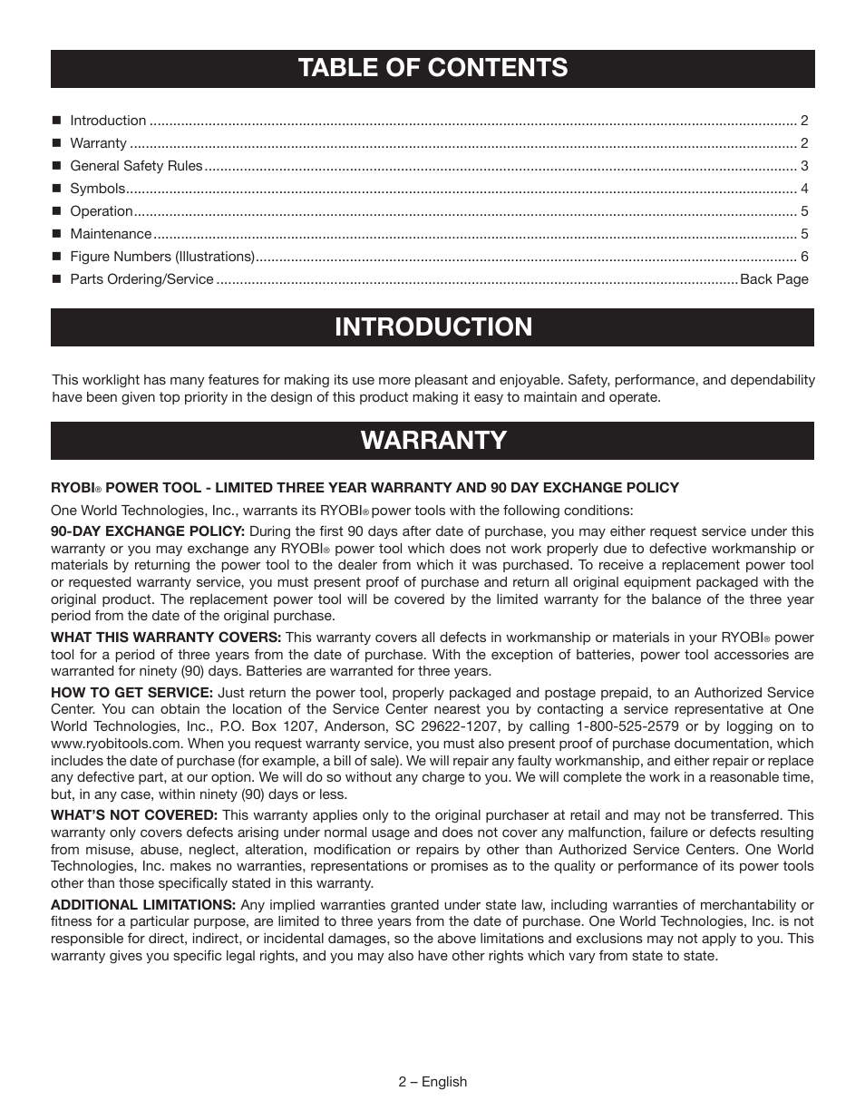 Table of contents introduction, Warranty | Ryobi P701 User Manual | Page 2 / 16