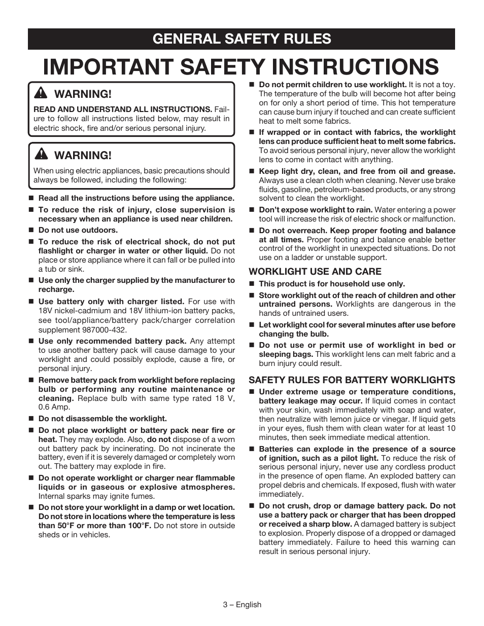 Important safety instructions, General safety rules, Warning | Ryobi P701 User Manual | Page 3 / 16