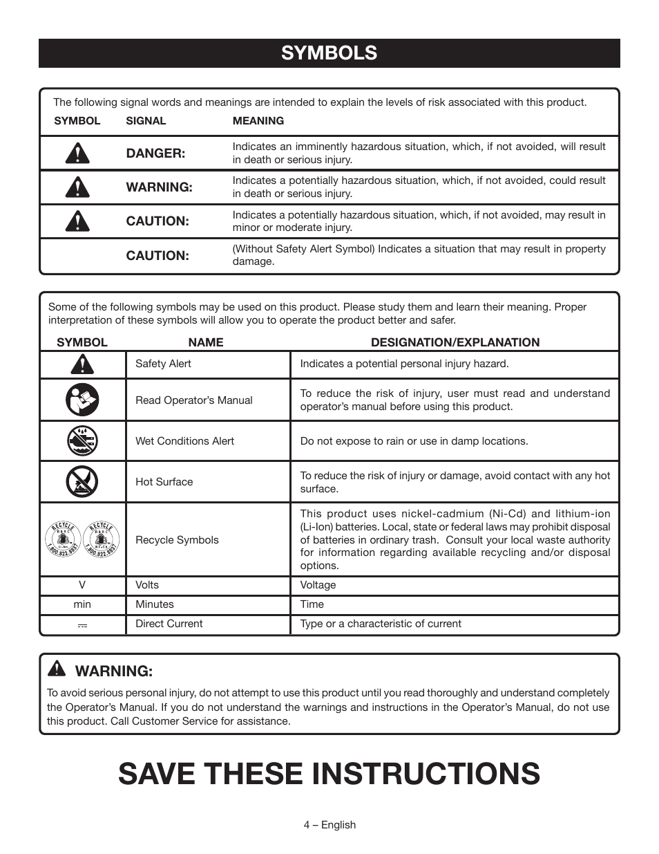 Save these instructions, Symbols, Warning | Ryobi P701 User Manual | Page 4 / 16