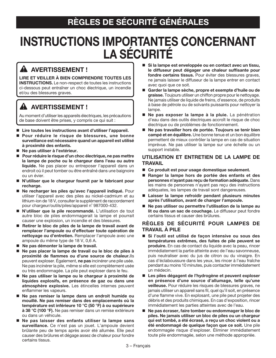 Instructions importantes concernant la sécurité, Règles de sécurité générales, Avertissement | Ryobi P701 User Manual | Page 7 / 16