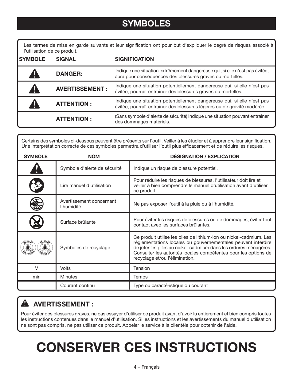 Conserver ces instructions, Symboles, Avertissement | Ryobi P701 User Manual | Page 8 / 16