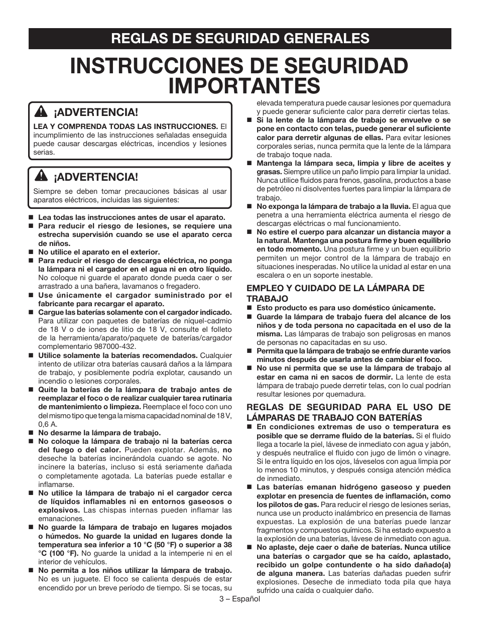 Instrucciones de seguridad importantes, Reglas de seguridad generales, Advertencia | Ryobi P704 User Manual | Page 11 / 16