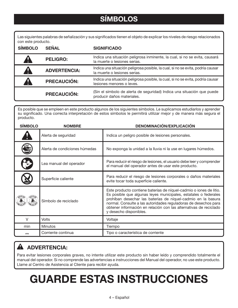 Guarde estas instrucciones, Símbolos, Advertencia | Ryobi P704 User Manual | Page 12 / 16