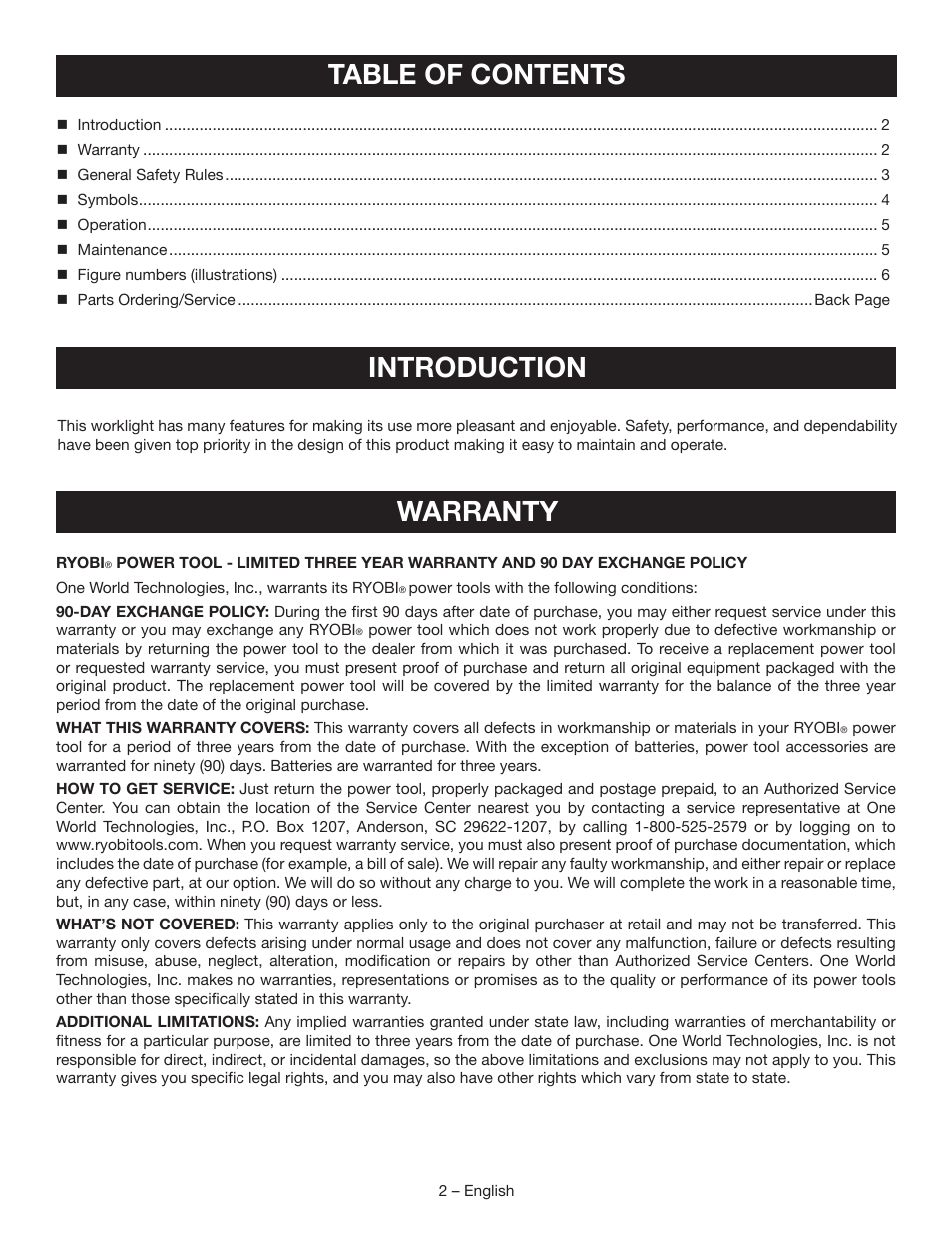 Table of contents introduction, Warranty | Ryobi P704 User Manual | Page 2 / 16