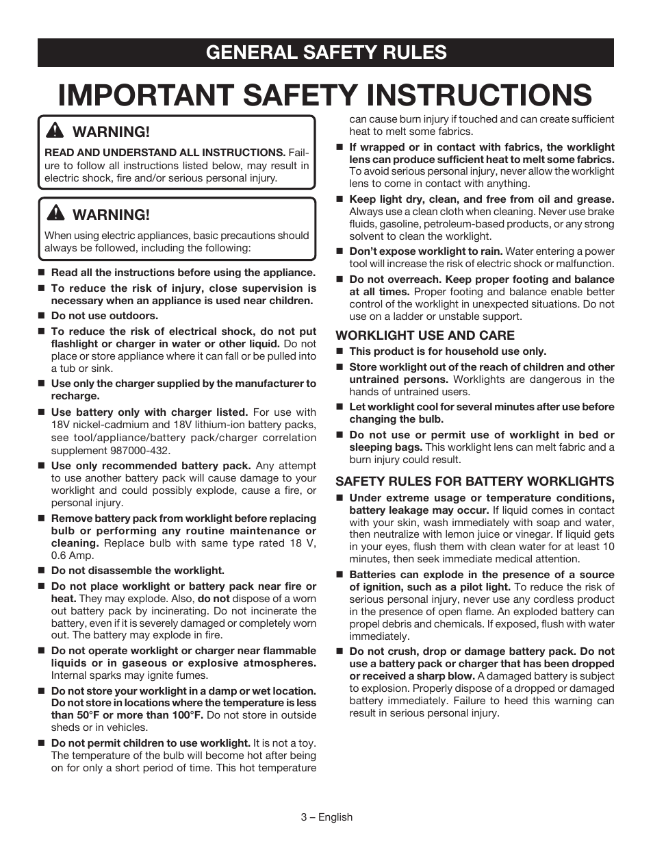 Important safety instructions, General safety rules, Warning | Ryobi P704 User Manual | Page 3 / 16