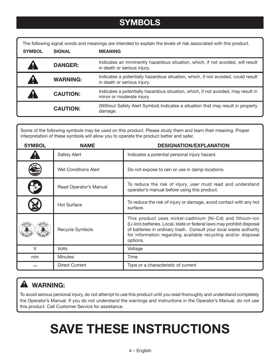 Save these instructions, Symbols, Warning | Ryobi P704 User Manual | Page 4 / 16