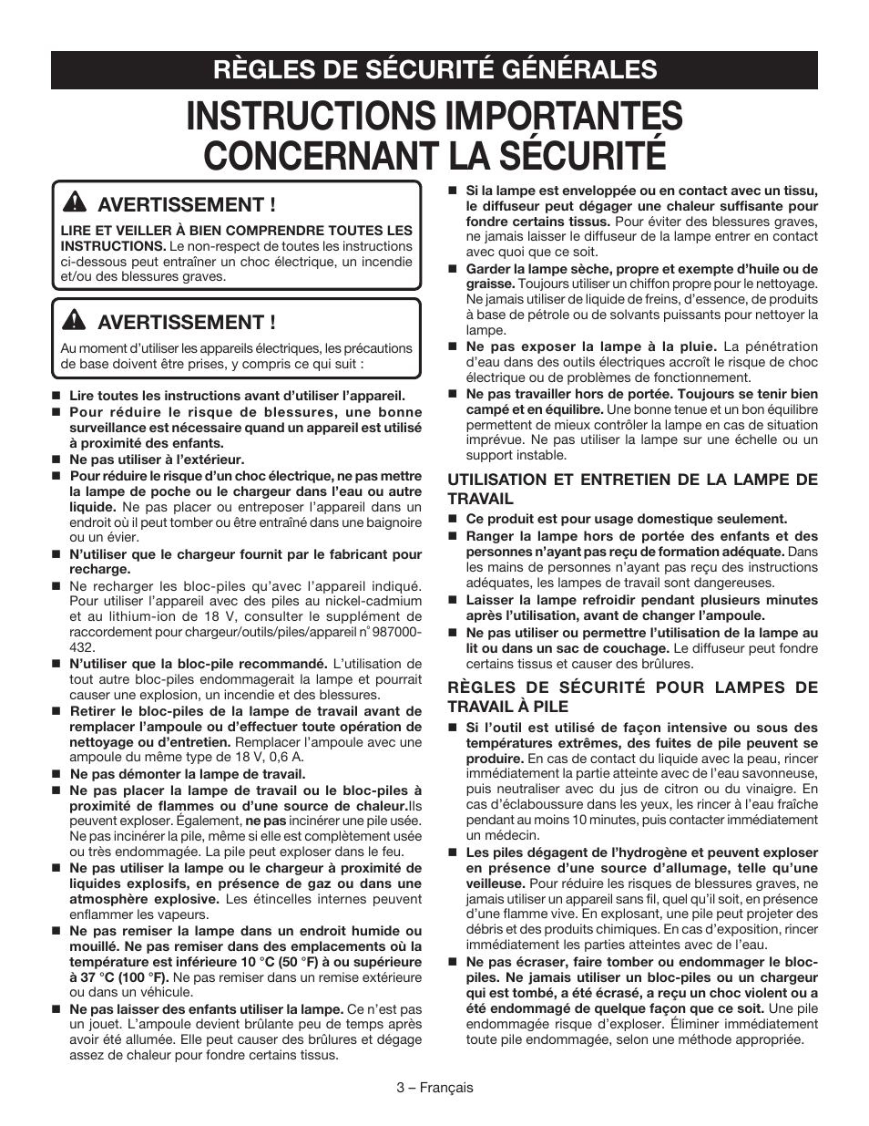 Instructions importantes concernant la sécurité, Règles de sécurité générales, Avertissement | Ryobi P704 User Manual | Page 7 / 16