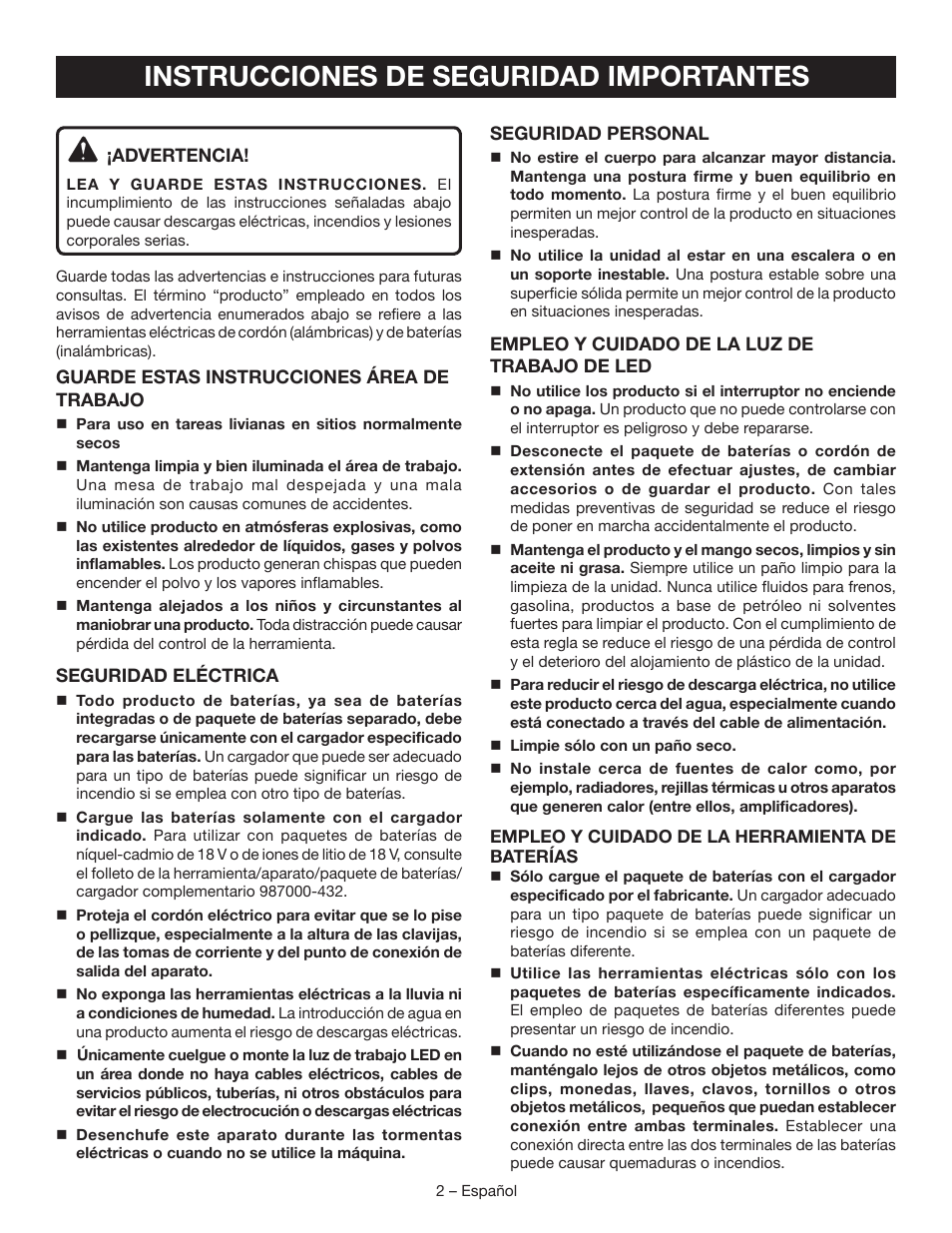 Instrucciones de seguridad importantes | Ryobi P720 User Manual | Page 14 / 24