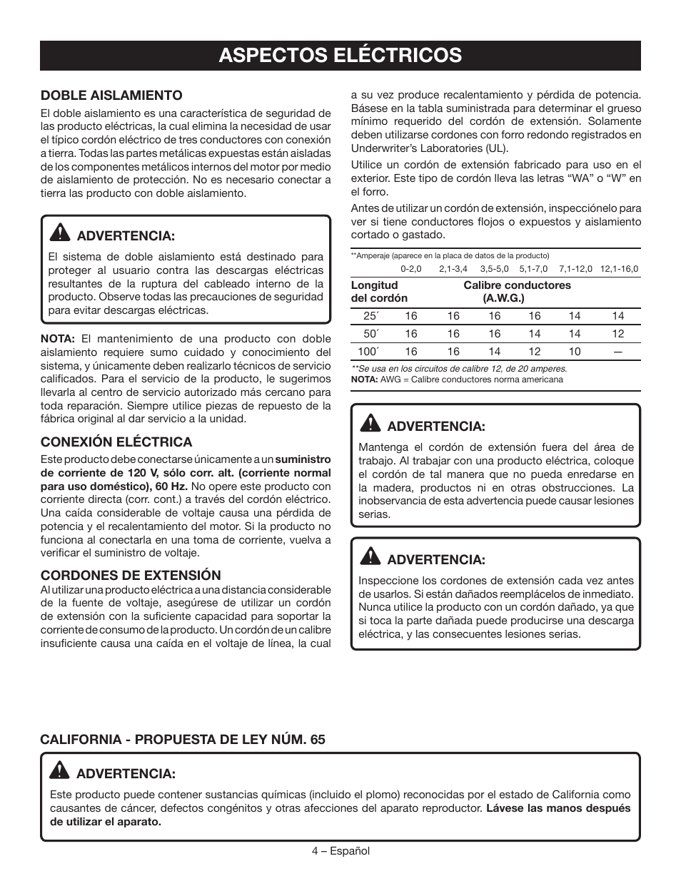 Aspectos eléctricos | Ryobi P720 User Manual | Page 16 / 24