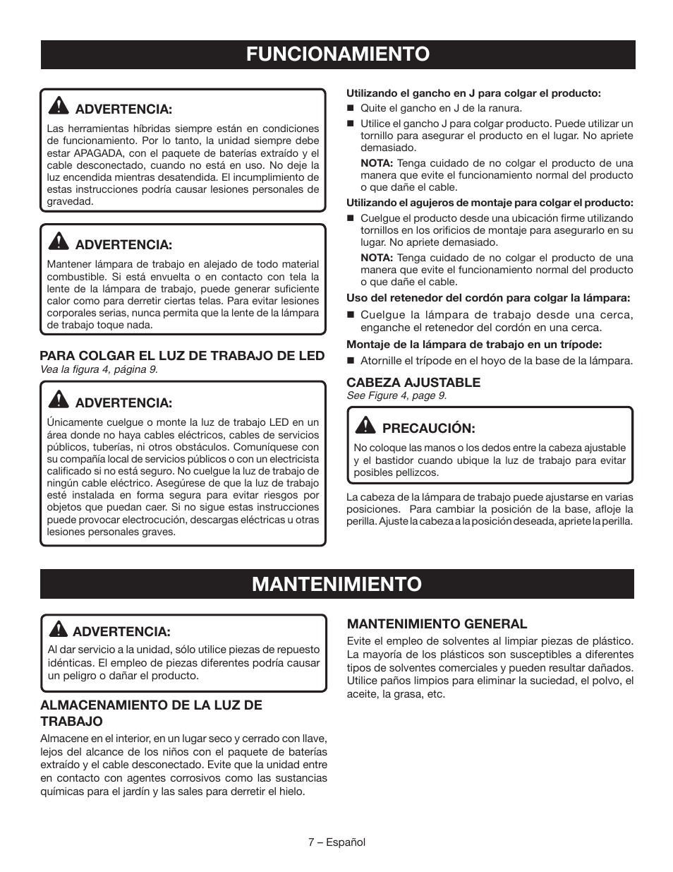 Funcionamiento, Mantenimiento | Ryobi P720 User Manual | Page 19 / 24
