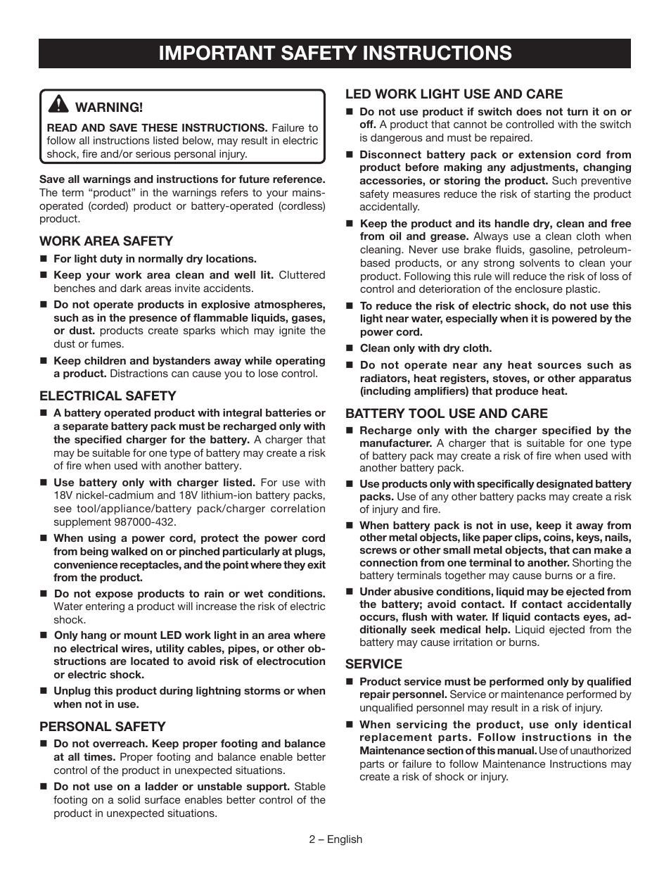 Important safety instructions | Ryobi P720 User Manual | Page 2 / 24