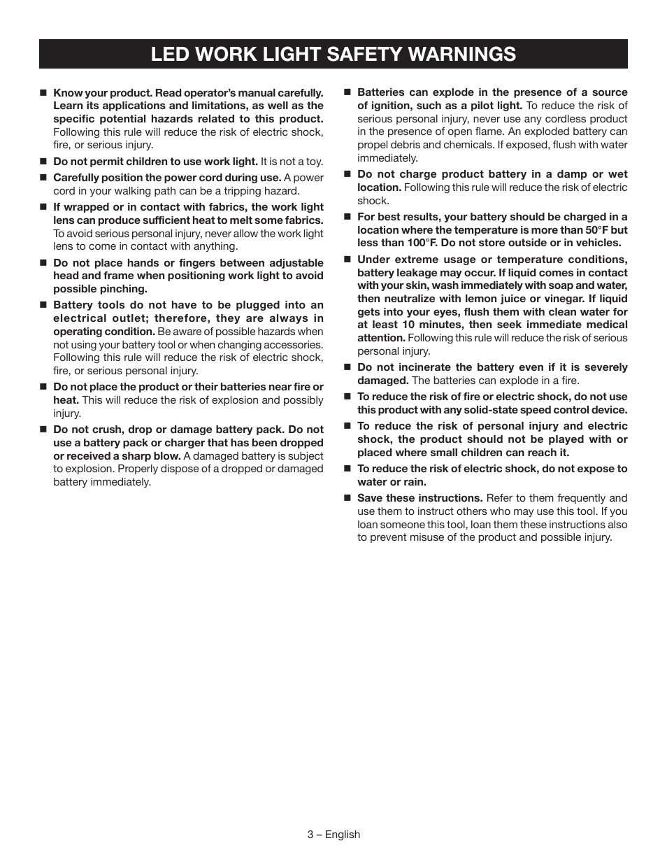 Led work light safety warnings | Ryobi P720 User Manual | Page 3 / 24