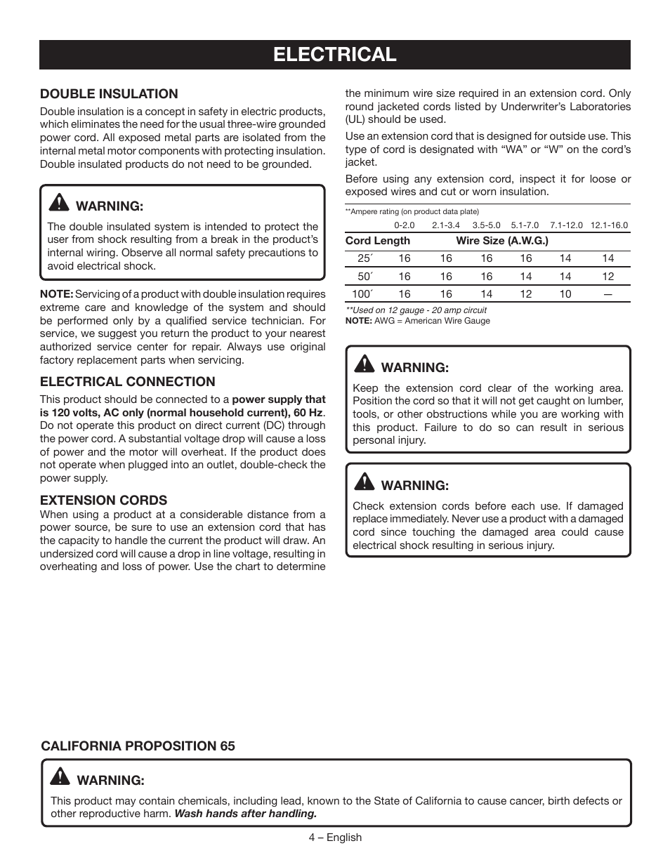 Electrical | Ryobi P720 User Manual | Page 4 / 24