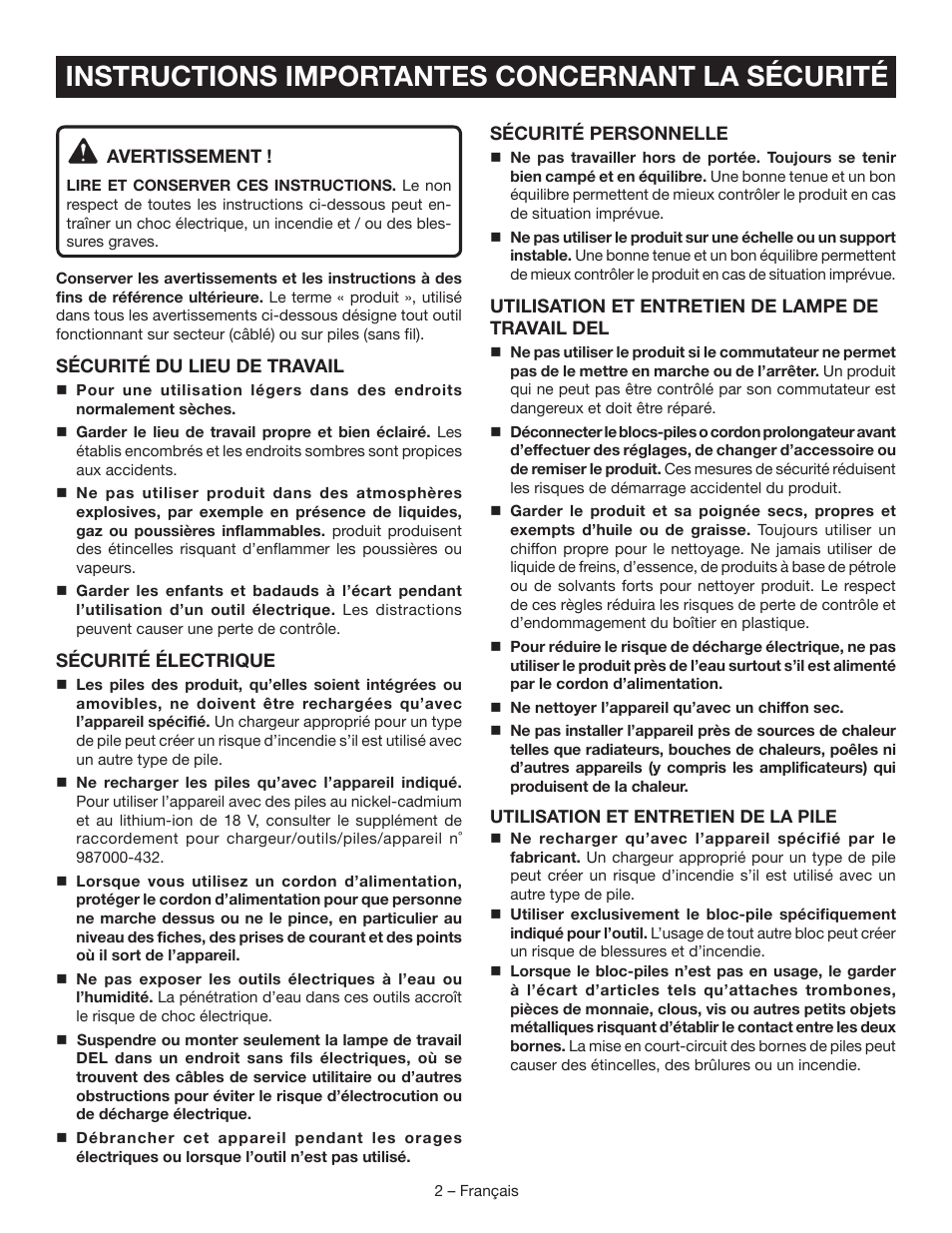 Instructions importantes concernant la sécurité | Ryobi P720 User Manual | Page 8 / 24