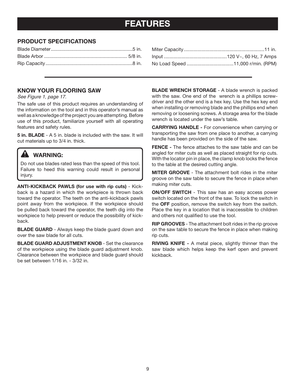 Features | Ryobi RLS1351 User Manual | Page 9 / 56