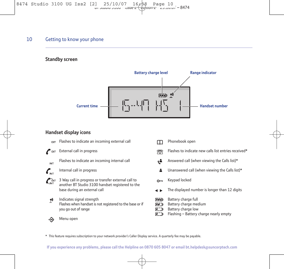 Getting to know your phone, Standby screen handset display icons | BT Studio 3100 User Manual | Page 10 / 44