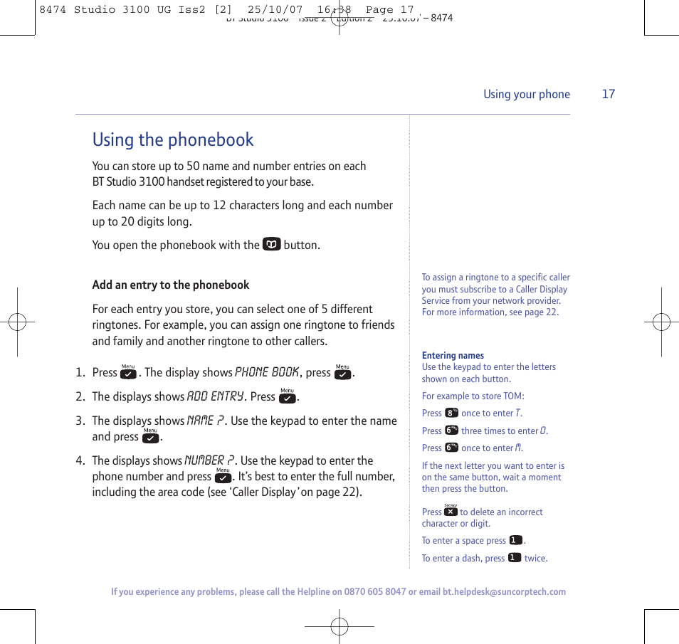 Using the phonebook | BT Studio 3100 User Manual | Page 17 / 44