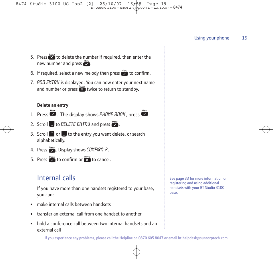 Internal calls | BT Studio 3100 User Manual | Page 19 / 44