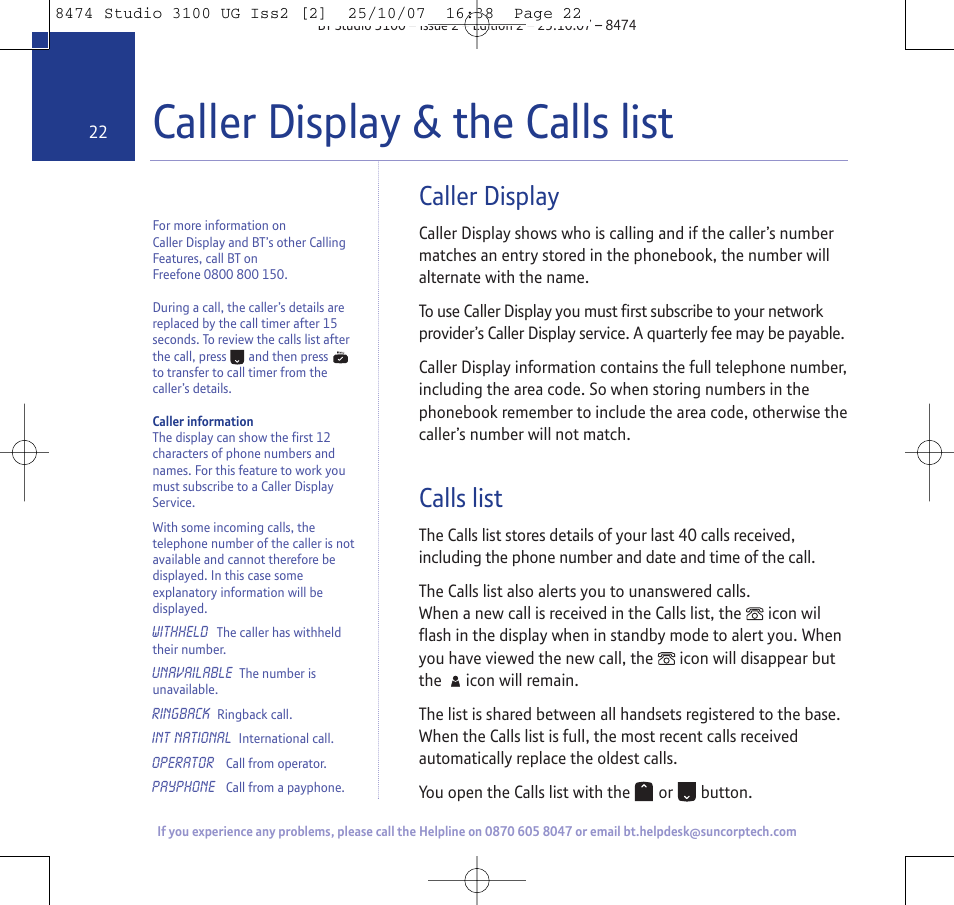 Caller display & the calls list, Caller display, Calls list | BT Studio 3100 User Manual | Page 22 / 44
