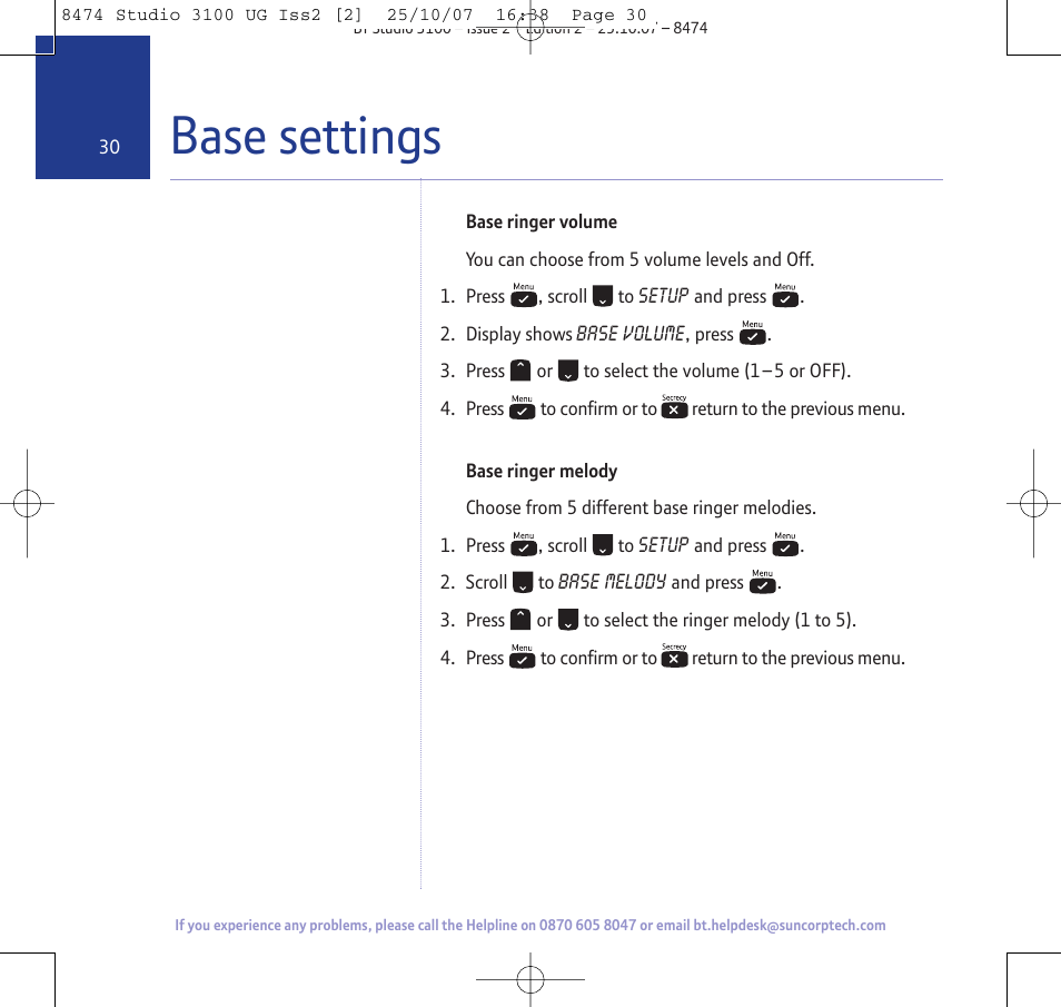 Base settings | BT Studio 3100 User Manual | Page 30 / 44