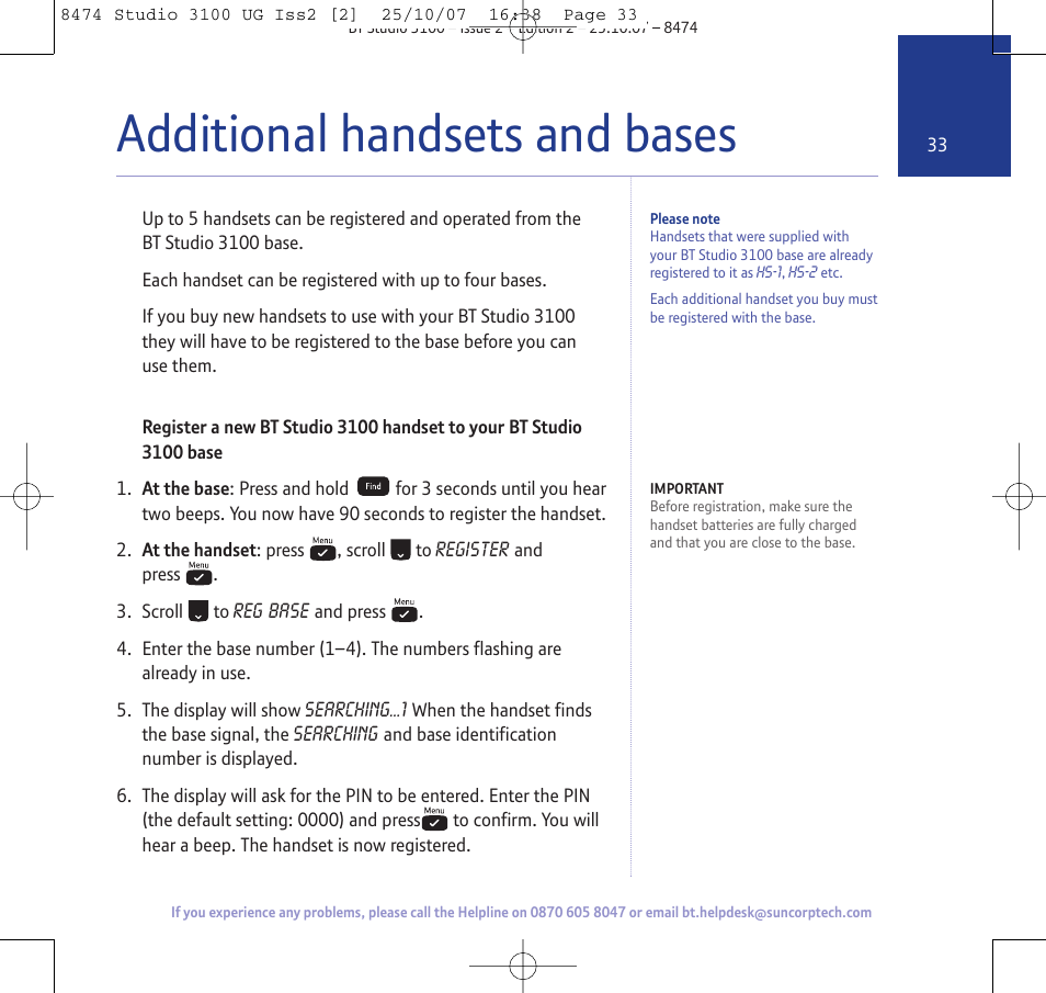 Additional handsets and bases | BT Studio 3100 User Manual | Page 33 / 44
