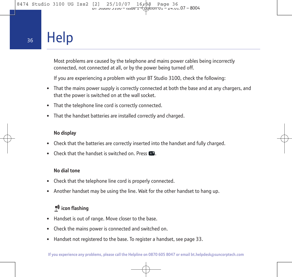Help | BT Studio 3100 User Manual | Page 36 / 44