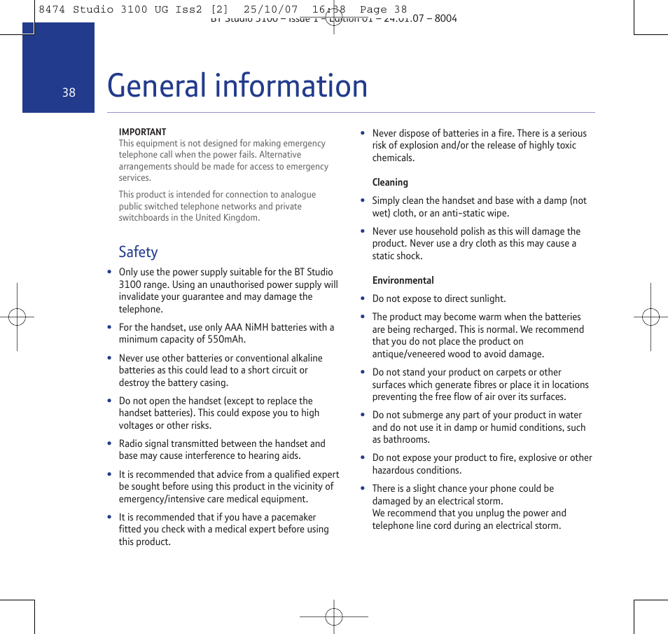General information, Safety | BT Studio 3100 User Manual | Page 38 / 44