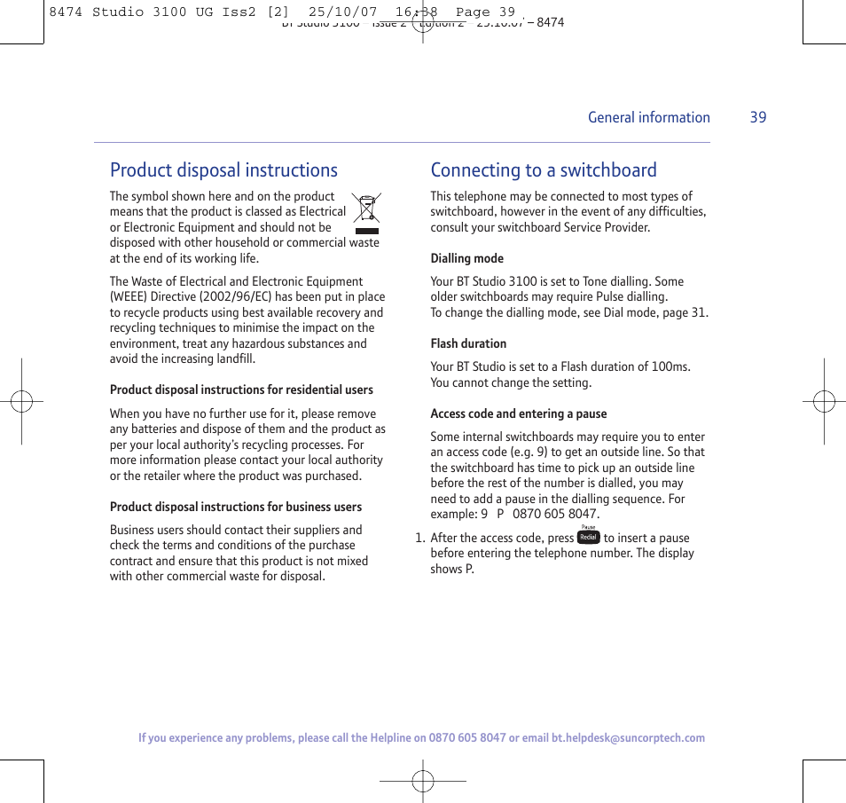 Product disposal instructions, Connecting to a switchboard | BT Studio 3100 User Manual | Page 39 / 44