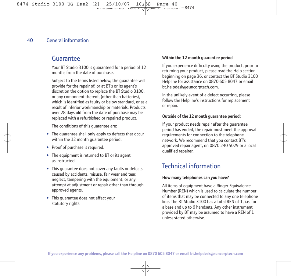Guarantee, Technical information | BT Studio 3100 User Manual | Page 40 / 44