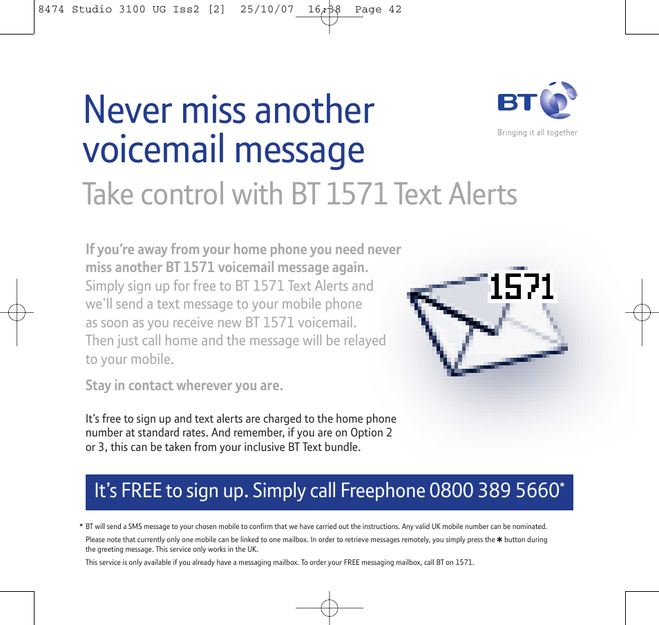 Never miss another voicemail message, Take control with bt 1571 text alerts | BT Studio 3100 User Manual | Page 42 / 44